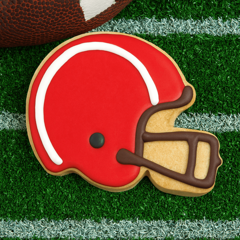 Cookie shaped like a football helmet on grass with a football in the background from a 4.5 inch Football Helmet Metal Cookie Cutter