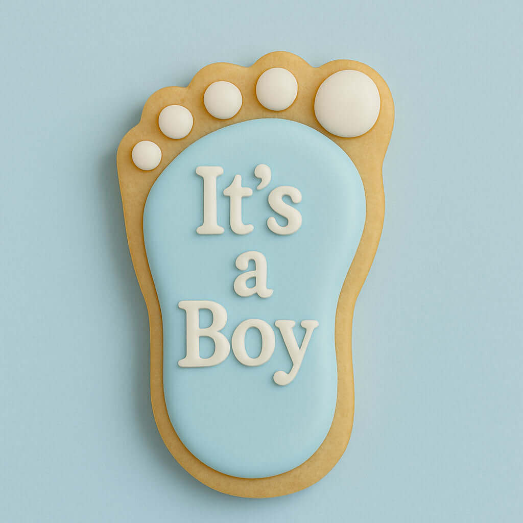 Decorative cookie shaped like a baby footprint with 'It's a Boy' text on a light blue background from a 3.5 inch Left Foot Metal Cookie Cutter