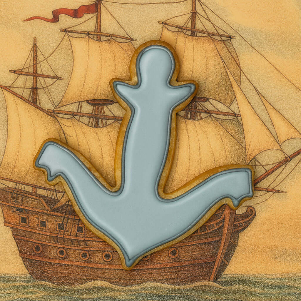 4.5 inch Anchor Metal Cookie Cutter shaped like an anchor on a vintage ship background.