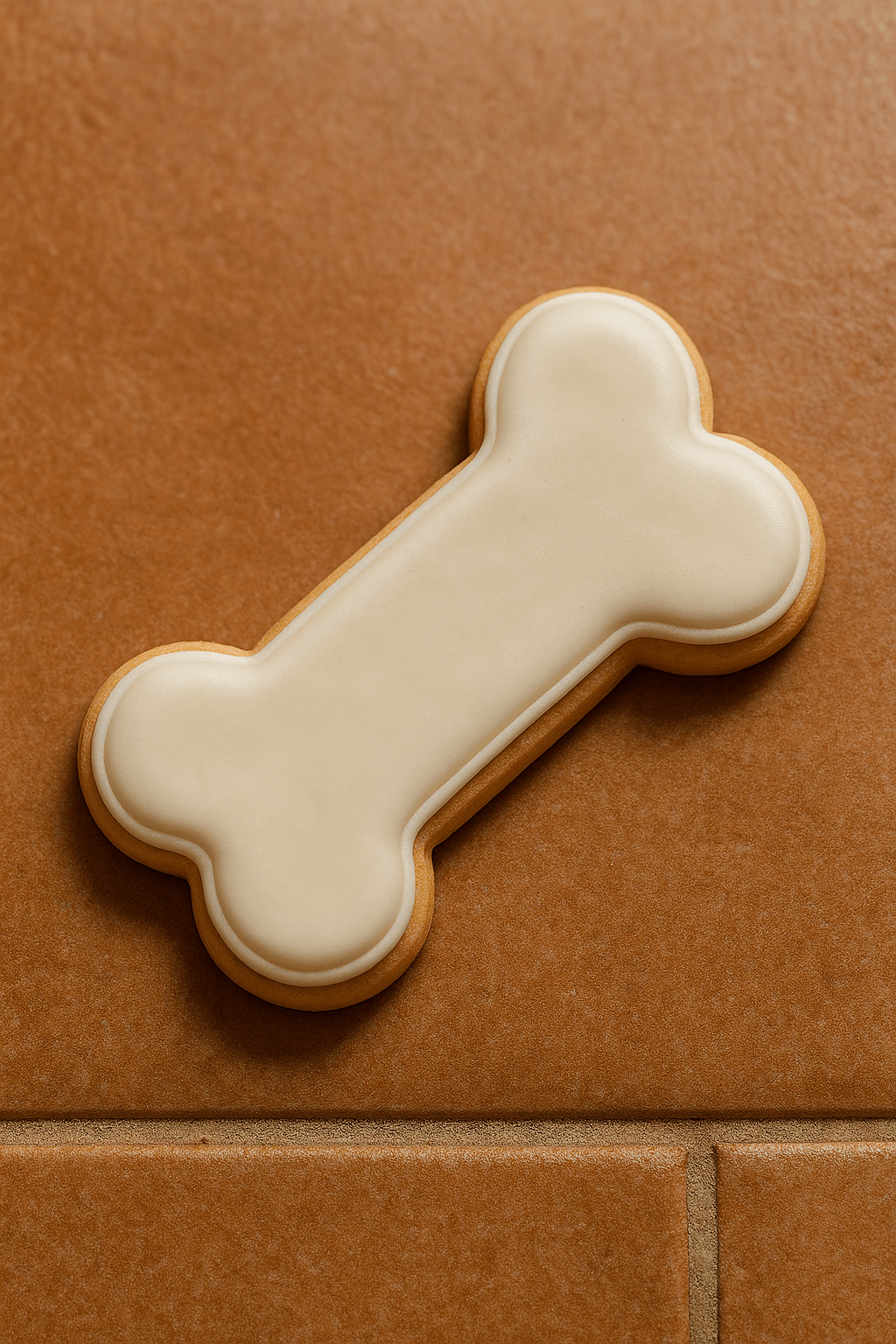 Dog bone-shaped cookie with white icing on a brown tile background from a 3 inch Dog Bone Metal Cookie Cutter