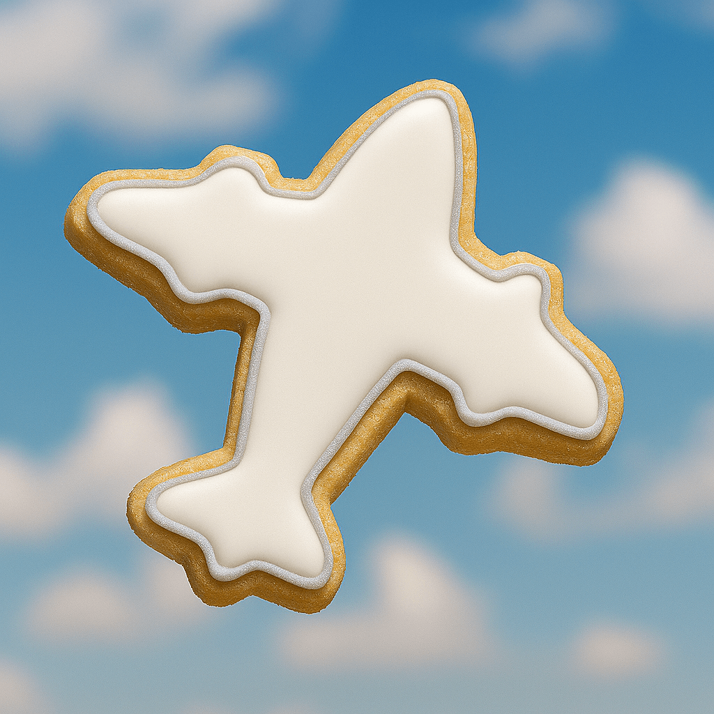 Cookie shaped like an airplane against a blue sky background from a 3.75 inch Airplane Metal Cookie Cutter