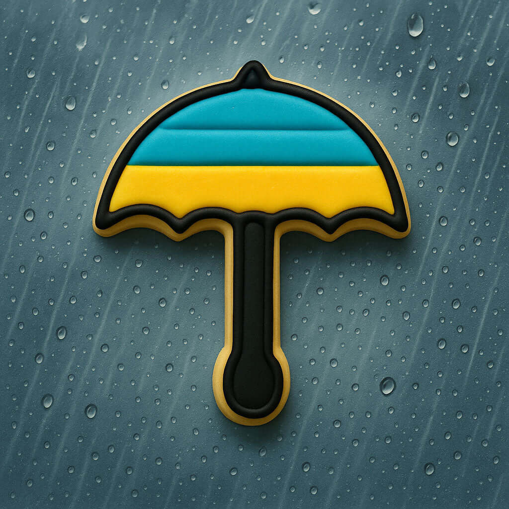 Cookie-shaped umbrella with blue and yellow stripes on a textured gray background from a 3 inch Umbrella Metal Cookie Cutter