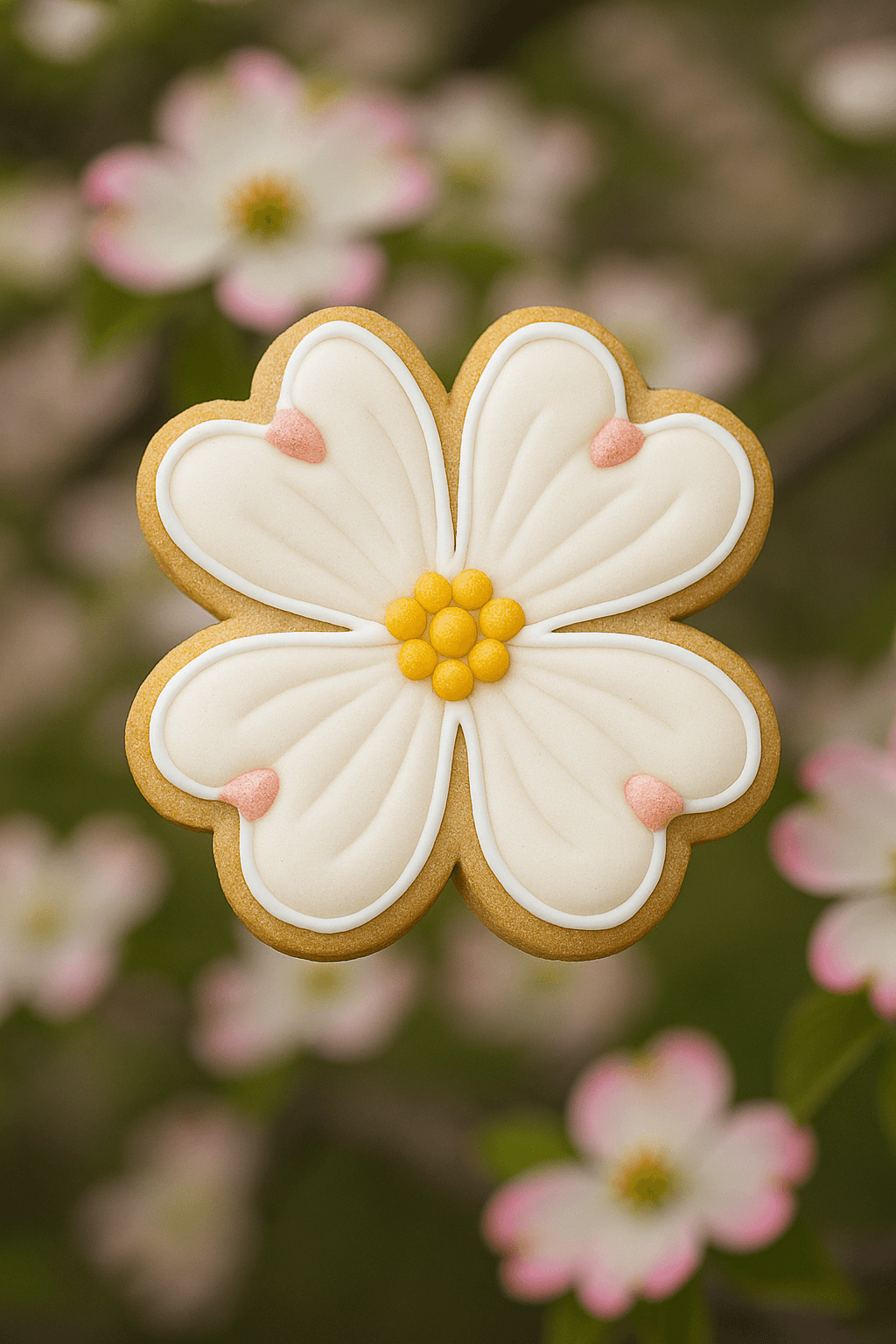 Decorative flower-shaped cookie with white icing and yellow center against a blurred floral background from a 3 inch Dogwood Blossom Metal Cookie Cutter
