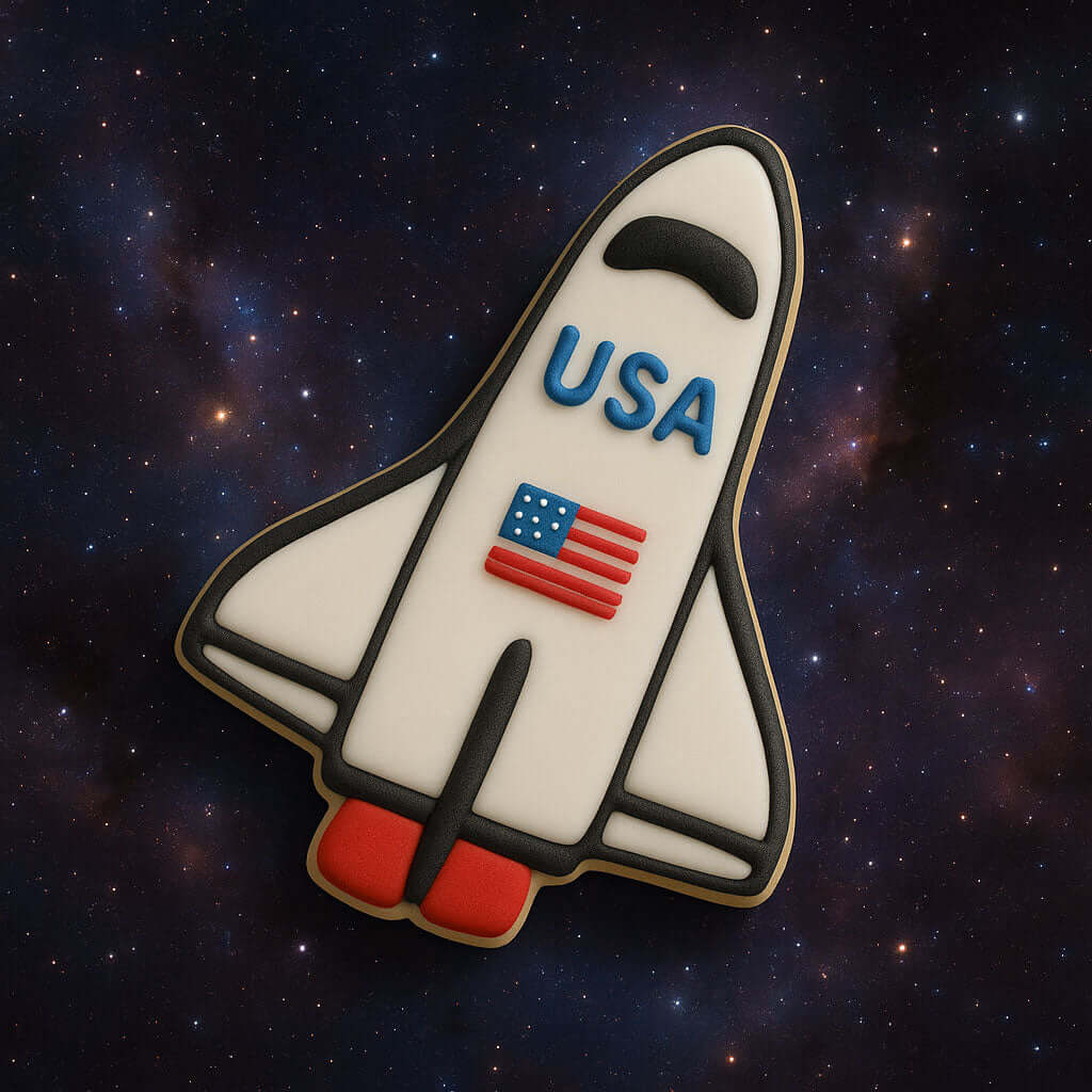 Space shuttle cookie with 'USA' and American flag on a space-themed background from a 4.5 inch Space Shuttle Metal Cookie Cutter