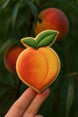 Peach-shaped cookie held by a hand with peaches in the background from a 3 inch Peach Metal Cookie Cutter