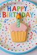 Colorful birthday plate with a cupcake cookie and candle on a white background from a  4 inch Cupcake with Candle Metal Cookie Cutter