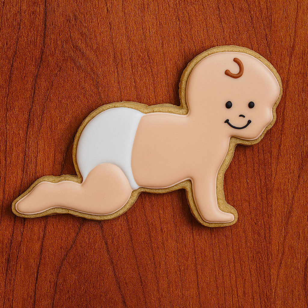 Cookie shaped like a crawling baby with a face on a wooden surface from a 5 inch Crawling Baby Metal Cookie Cutter