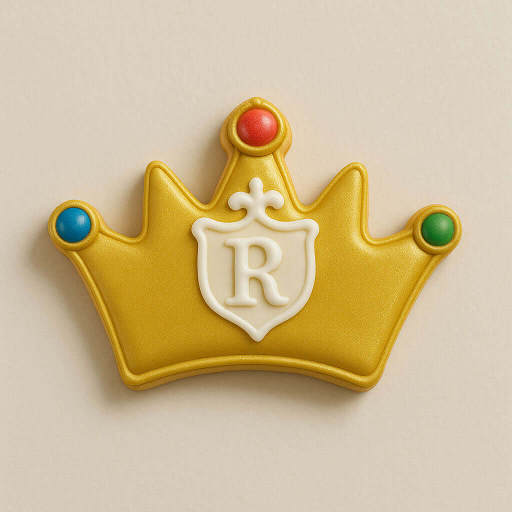 Decorative cookie shaped like a crown with a letter 'R' on a beige background from a5 inch Crown Metal Cookie Cutter