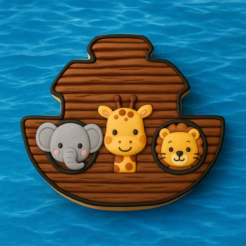Noah's ark with elephant, giraffe, and lion on a blue water background from a 5 inch Noah's Ark Metal Cookie Cutter