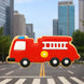 Red fire truck cookie on a city street with tall buildings in the background from a  5 inch Fire Engine Metal Cookie Cutter