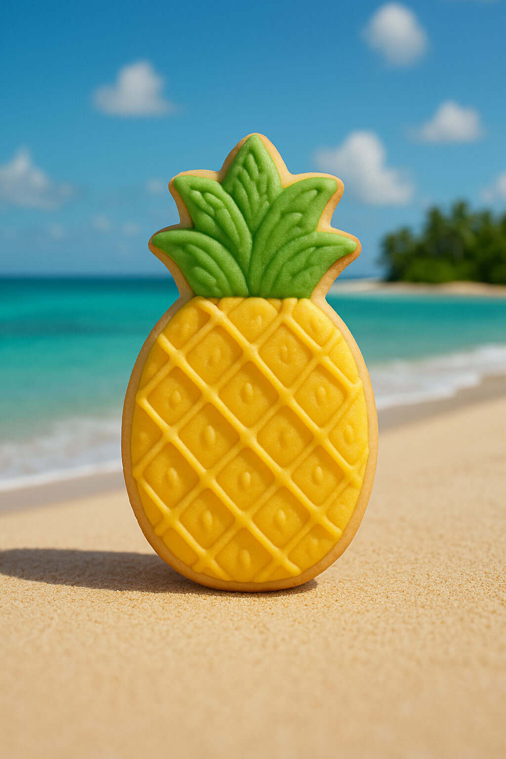 Pineapple-shaped cookie on a sandy beach with ocean and sky in the background from a 5 inch Pineapple Metal Cookie Cutter