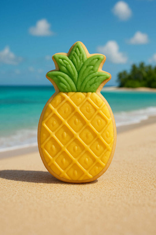 Pineapple-shaped cookie on a sandy beach with ocean and sky in the background from a 5 inch Pineapple Metal Cookie Cutter