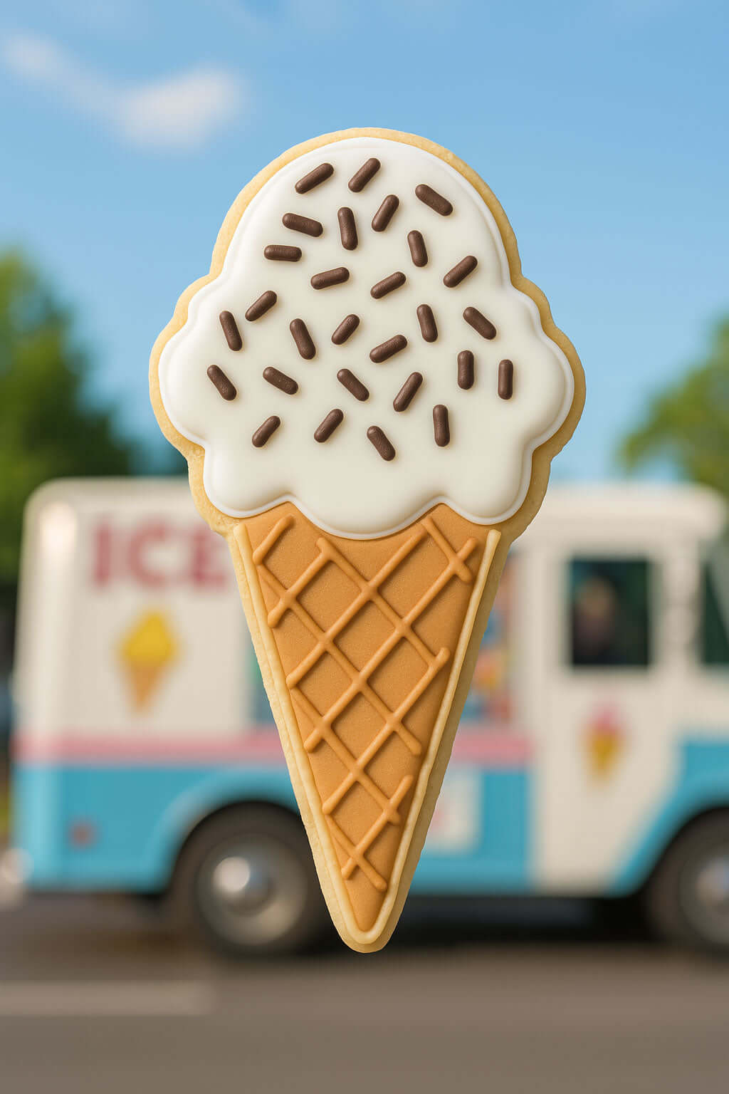 Ice cream cone-shaped cookie with white frosting and chocolate sprinkles in front of an ice cream truck from a 4 inch Ice Cream Cone Metal Cookie Cutter