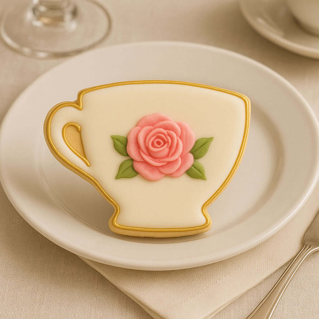 Decorative cookie shaped like a teacup with a pink rose on a white plate from a 3 inch Teacup Metal Cookie Cutter