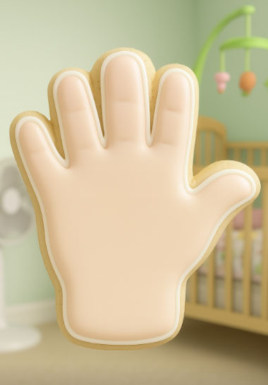 Hand-shaped cookie in a nursery setting with a crib and mobile in the background from a 3.25 inch Left Hand Metal Cookie Cutter