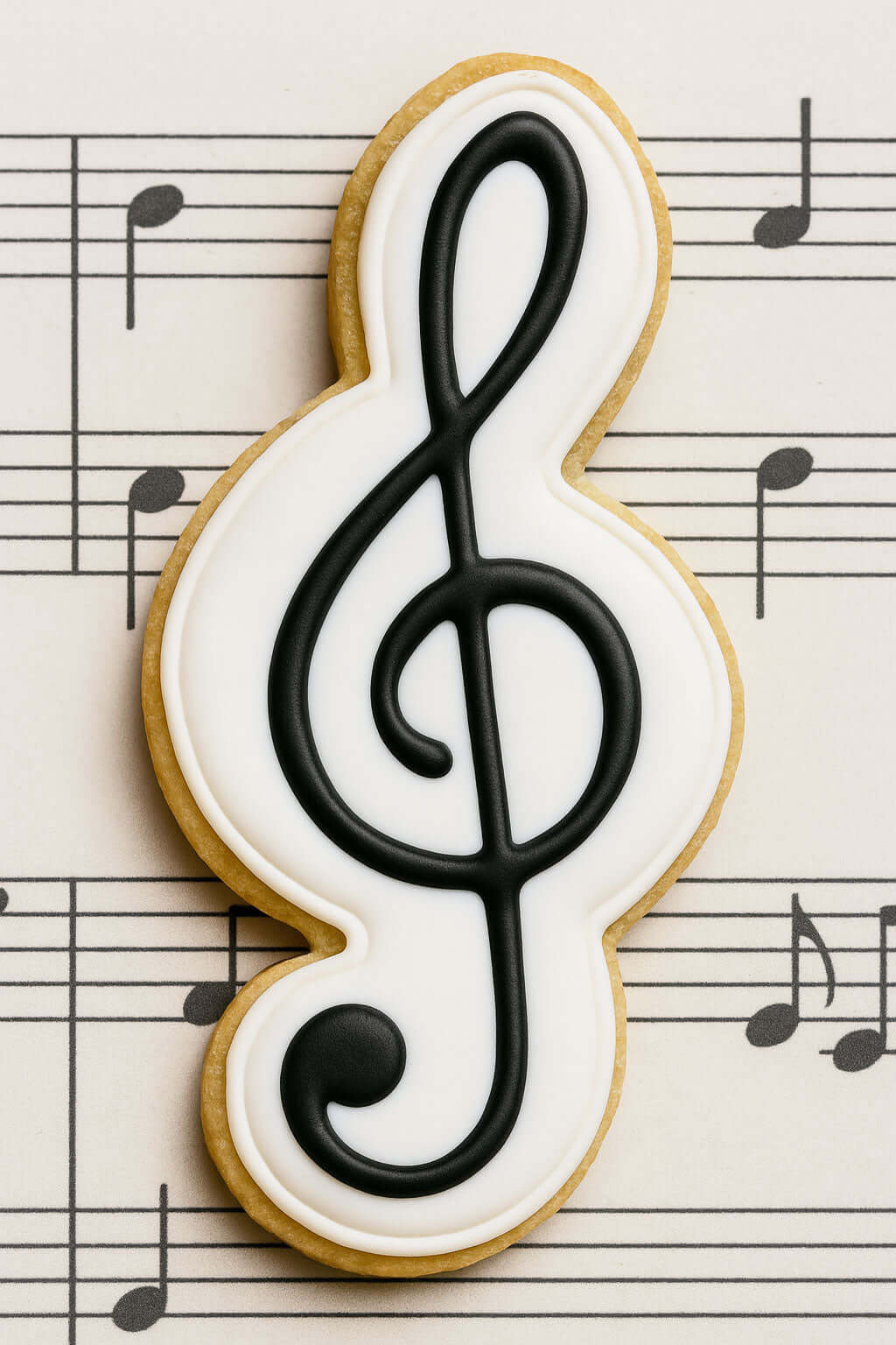 Cookie shaped like a g clef on sheet music from a 4 inch G Clef Metal Cookie Cutter