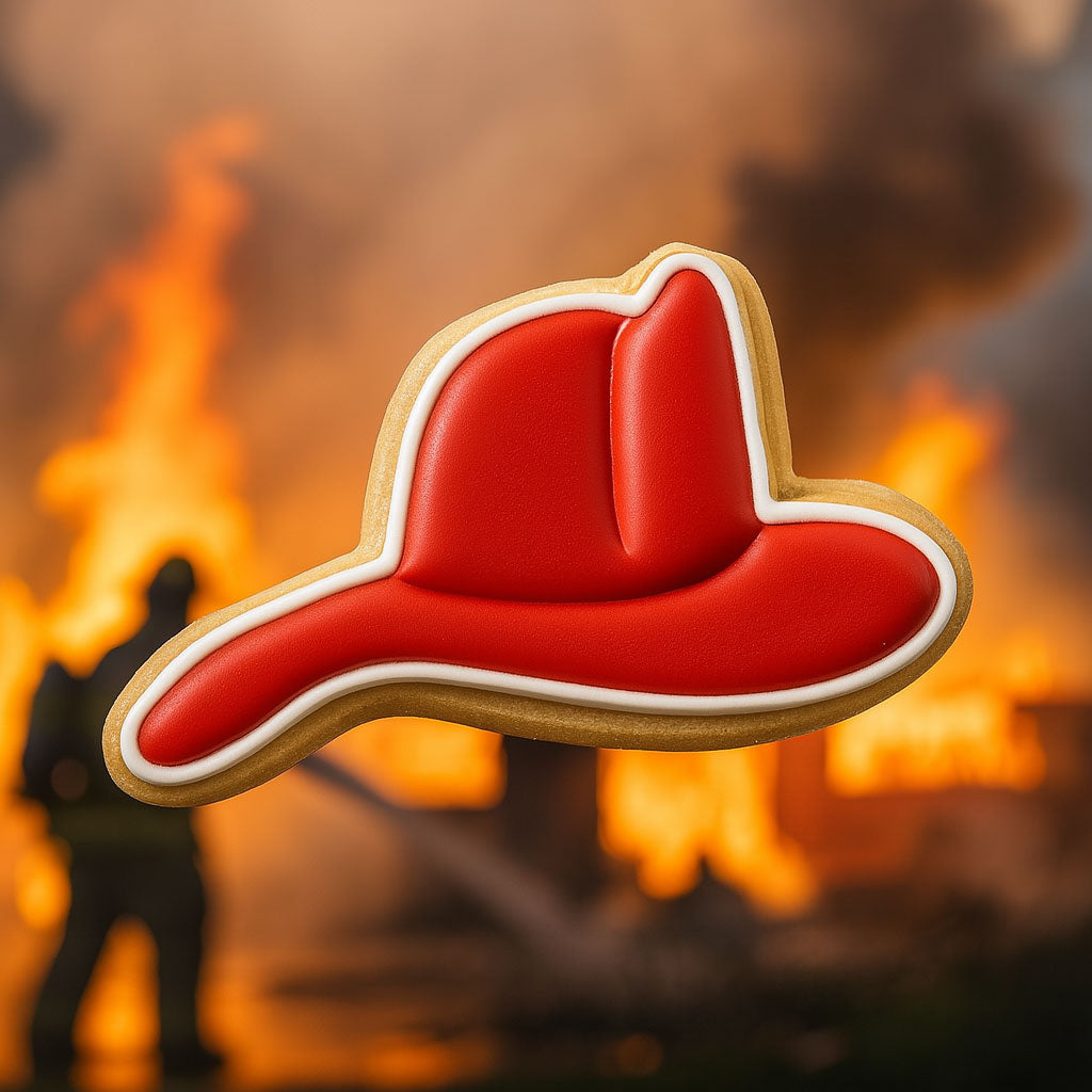 Red fire helmet cookie with a blurred background of flames and a firefighter from a 4 inch Fireman's Hat Metal Cookie Cutter