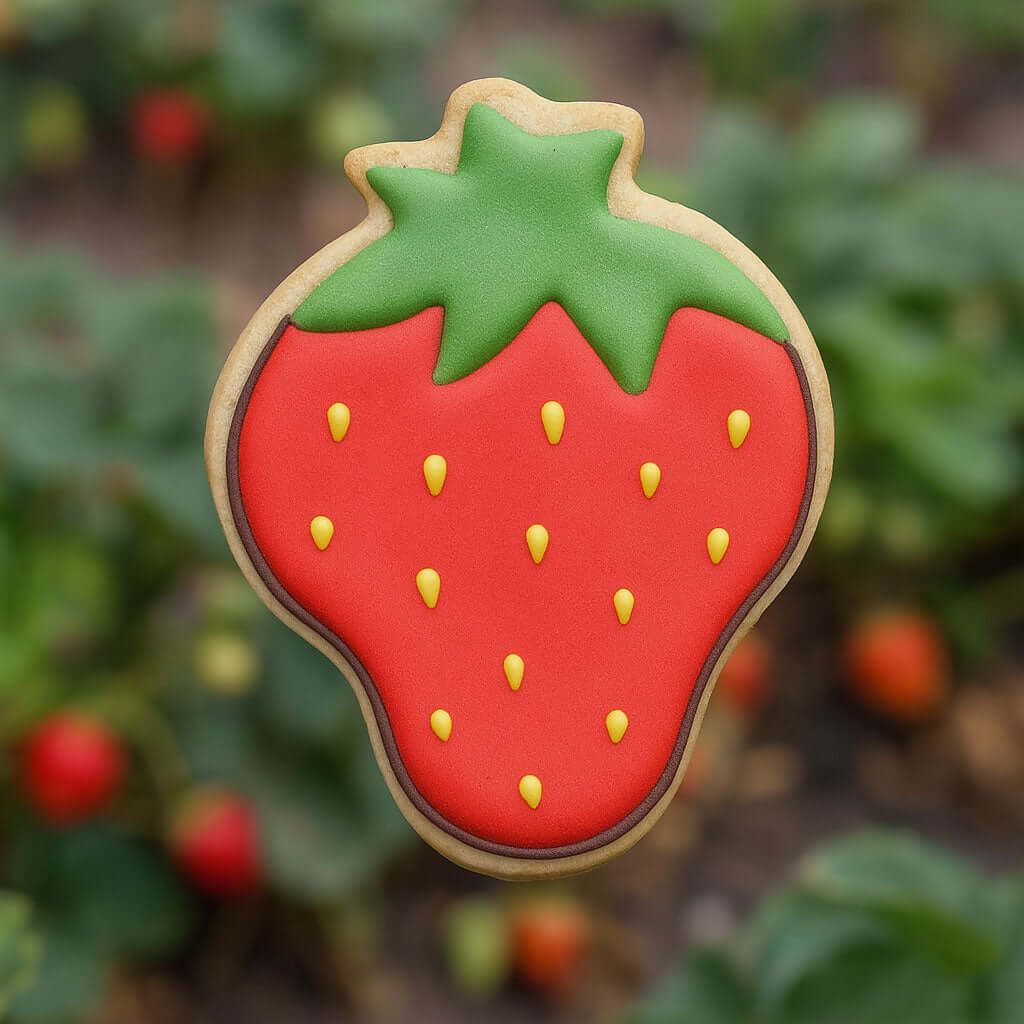 Strawberry-shaped cookie with red body, green leaves, and yellow seeds against a blurred natural background from a 2.5 inch Strawberry Metal Cookie Cutter