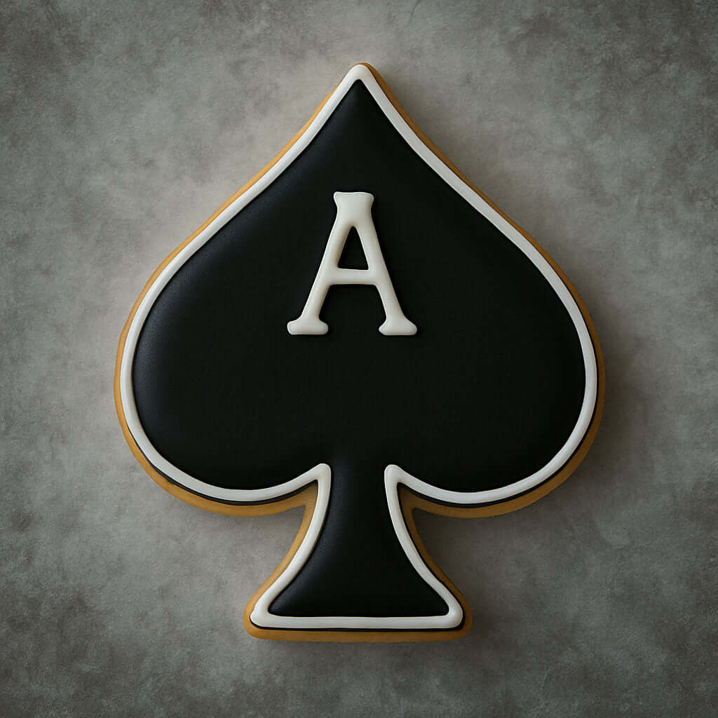 Cookie shaped like a spade with a white 'A' on a gray background from a 3.5 inch Spade Metal Cookie Cutter