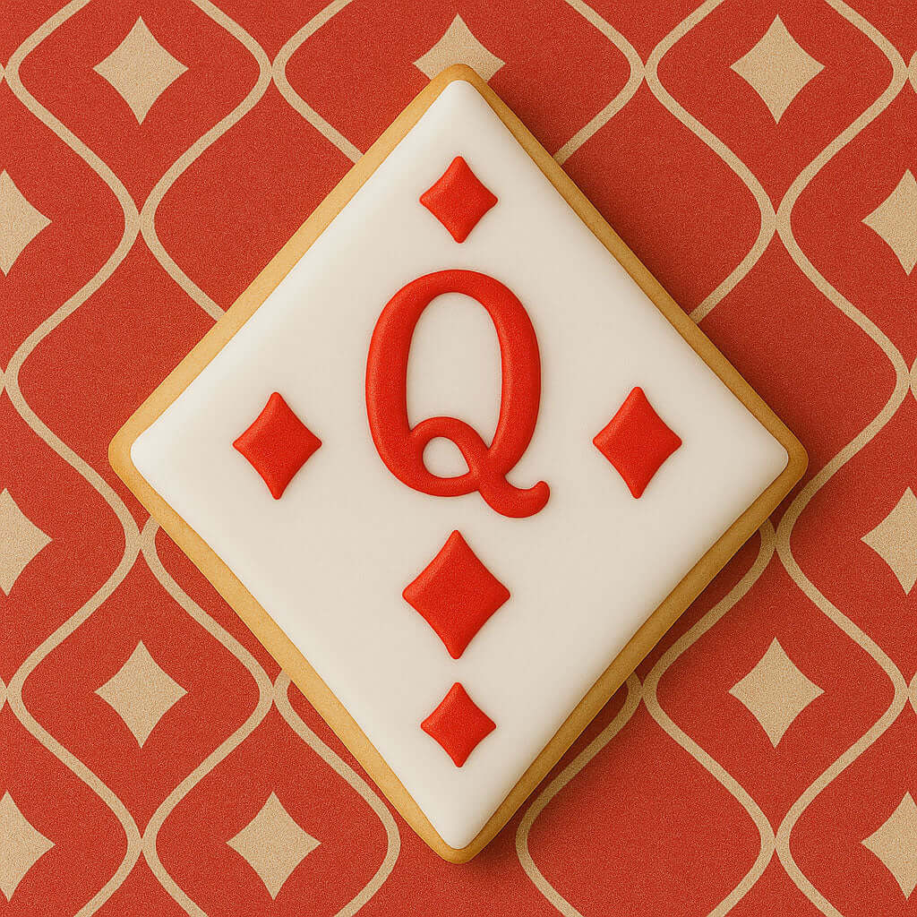Cookie shaped like a playing card with a red 'Q' on a red patterned background from a 3.5 inch Diamond Metal Cookie Cutter