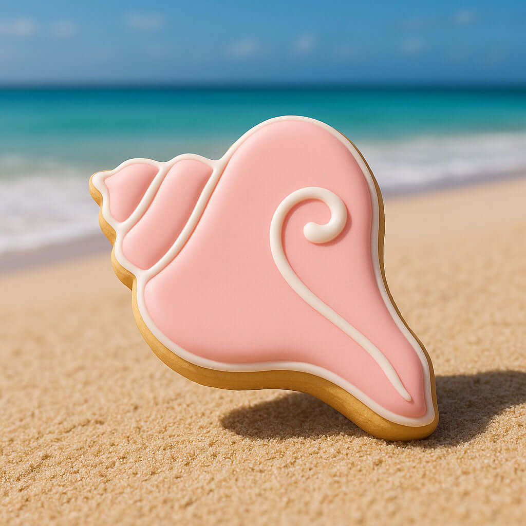 Cookie shaped like a pink shell on a sandy beach with ocean in the background from a 3 inch Conch Seashell Metal Cookie Cutter