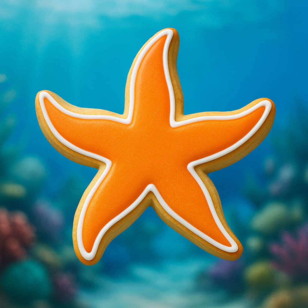 3.75 inch Starfish Metal Cookie Cutter shaped orange starfish cookie on an underwater background.