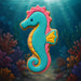 4 inch Seahorse Metal Cookie Cutter shaped cookie decorated in vibrant colors against an underwater background.