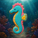 4 inch Seahorse Metal Cookie Cutter shaped cookie decorated in vibrant colors against an underwater background.