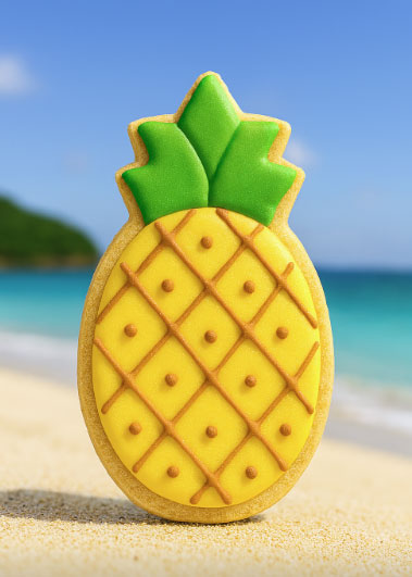 Pineapple-shaped cookie on a beach with a clear blue sky from a 4 inch Pineapple Metal Cookie Cutter