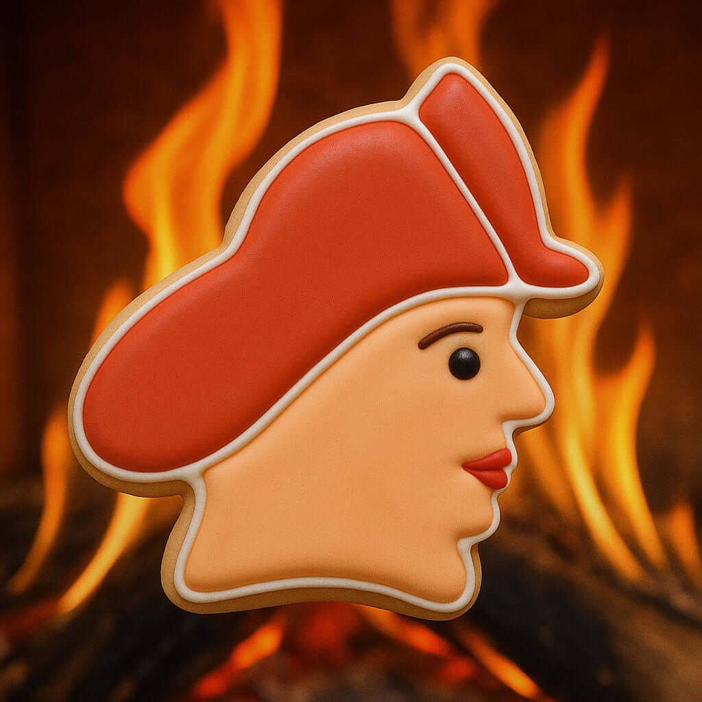 Cookie with a firefighter helmet design against a fiery background from a 4.5 inch Fireman's Head Metal Cookie Cutter