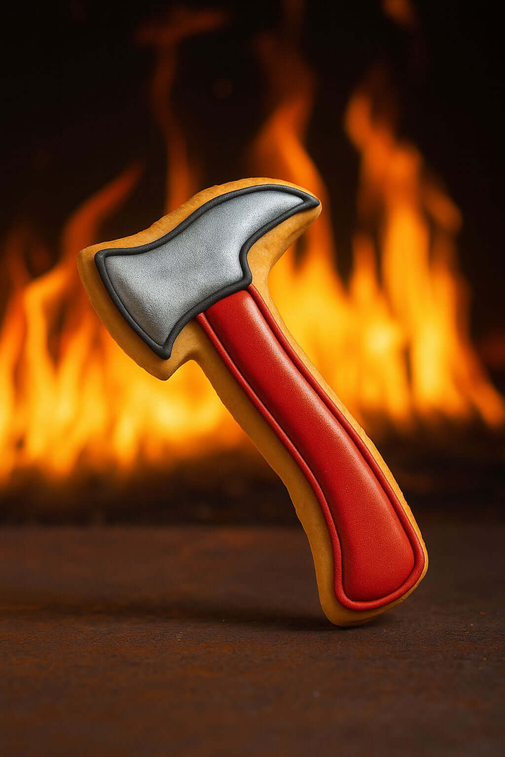4 inch Fireman's Axe Metal Cookie Cutter shaped cookie in front of a fiery background.
