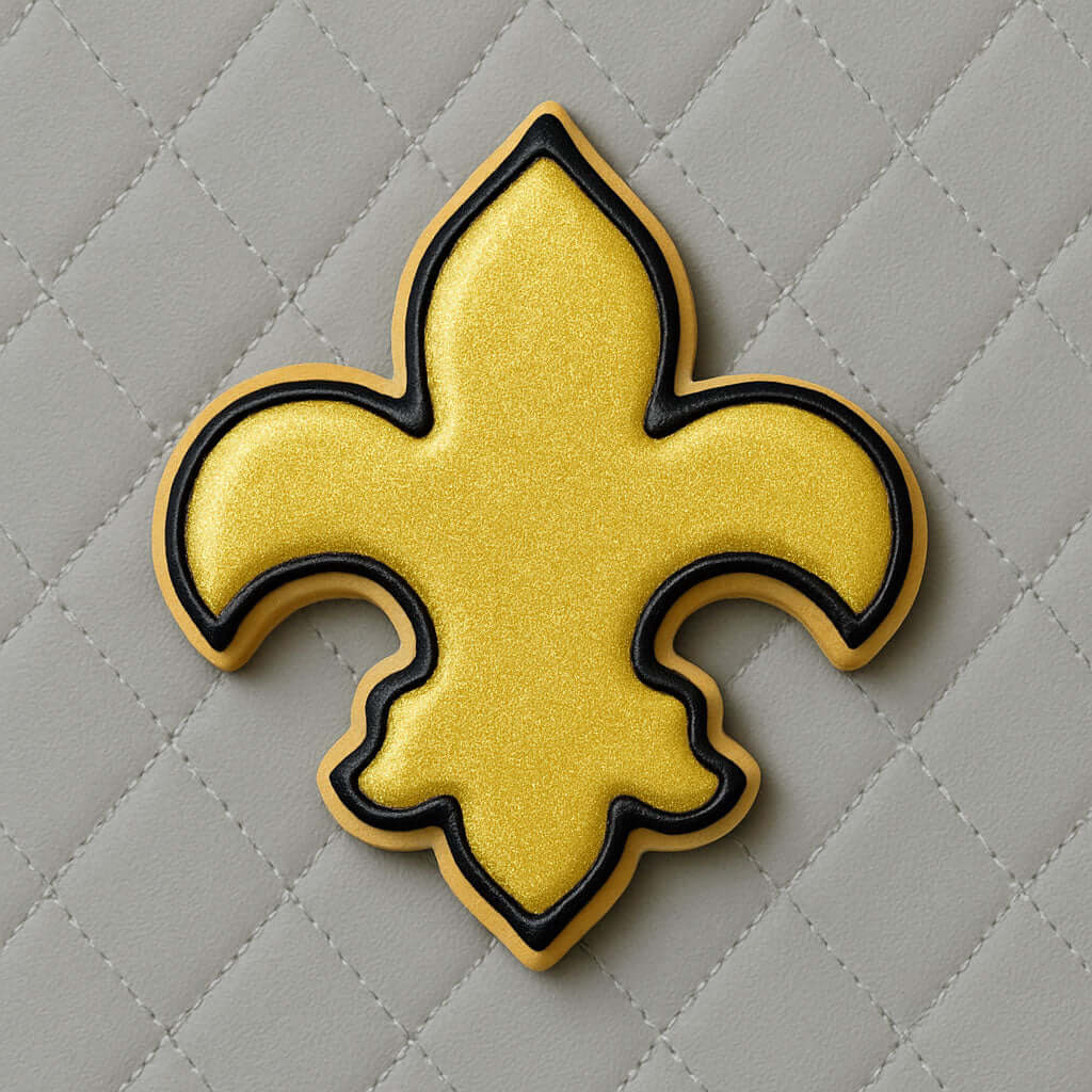 Yellow and black fleur-de-lis design on a gray quilted background from a 4.5 inch Fleur de Lis Metal Cookie Cutter
