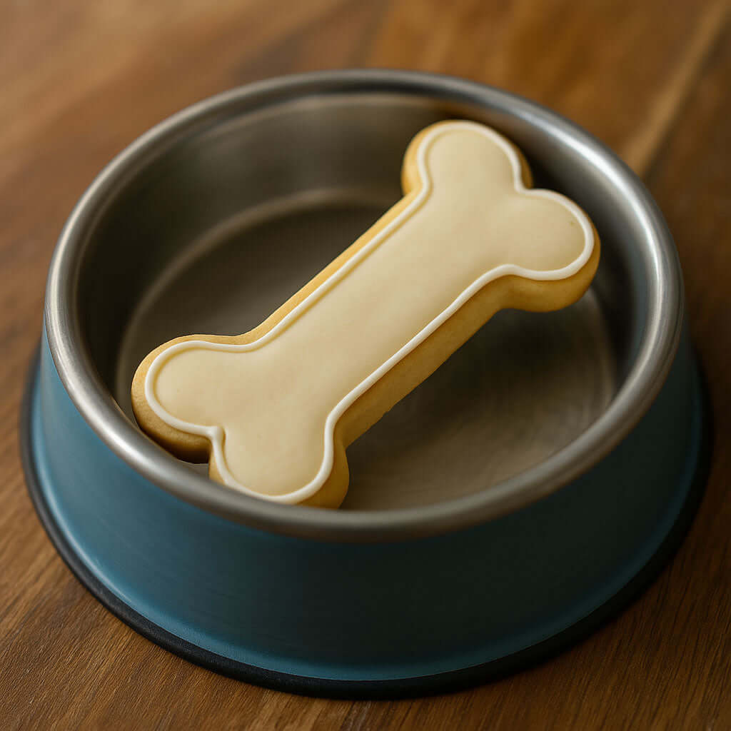 Bone-shaped cookie in a dog bowl on a wooden surface from a 5 inch Dog Bone Metal Cookie Cutter