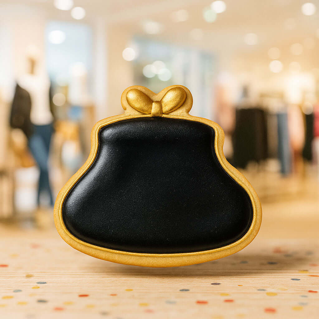 Black clutch with gold rim and bow cookie on a blurred indoor background from a 4 inch Purse Metal Cookie Cutter
