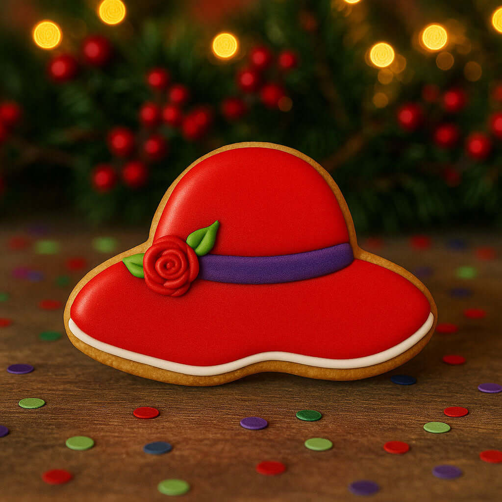 Decorative cookie shaped like a red hat with a flower on a wooden surface with blurred Christmas lights in the background from a 3.75 inch Straw Summer Beach Hat Metal Cookie Cutter