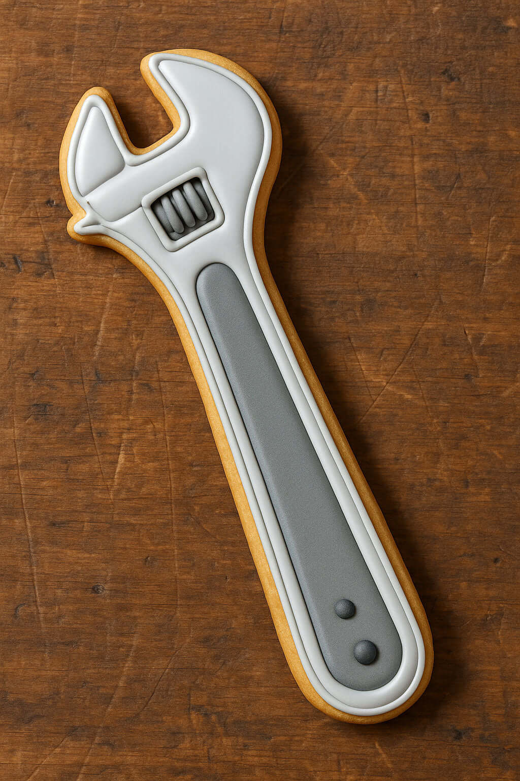 5.25 inch Adjustable Wrench Metal Cookie Cutter shaped cookie on a wooden table.
