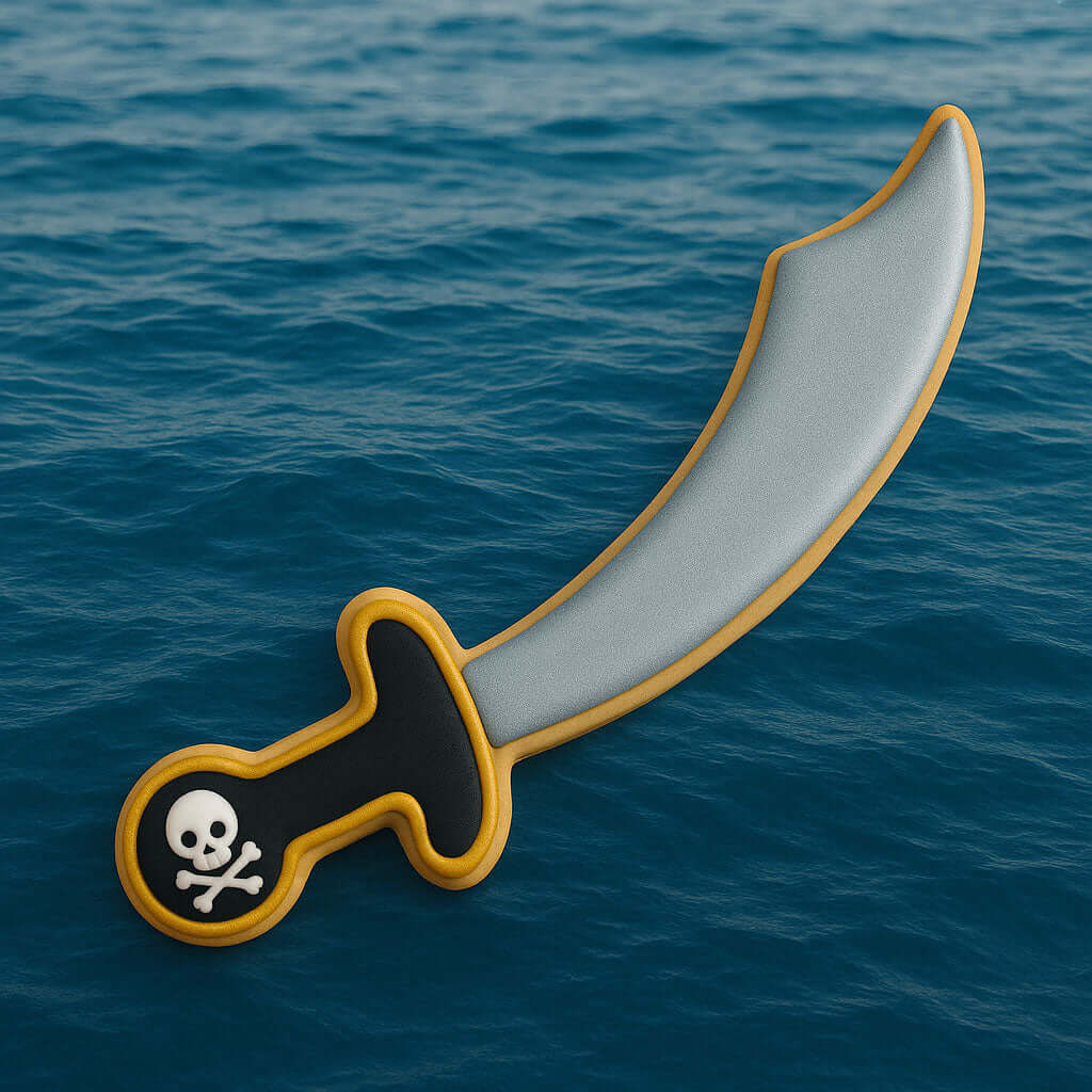 Pirate sword with skull and crossbones design on a blue ocean background from a 5.5 inch Pirate's Sword Metal Cookie Cutter