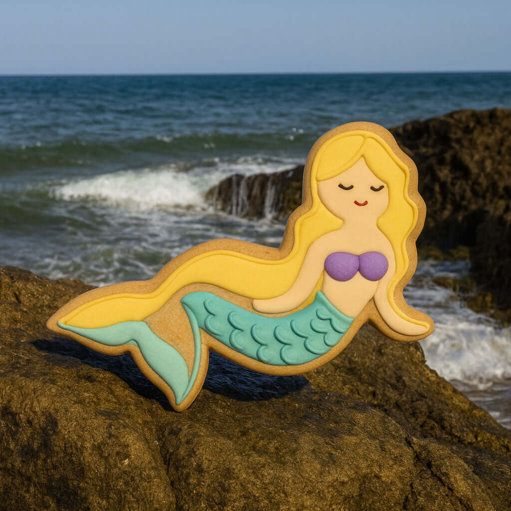 Mermaid-shaped cookie on a rock with ocean in the background from a 4 inch Mermaid Metal Cookie Cutter