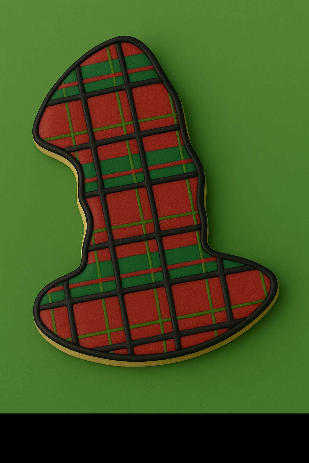 Red and green plaid patterned hat cookie on a green background from a 5 inch Floppy Top Hat Metal Cookie Cutter