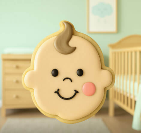Cookie shaped like a baby's face in a nursery setting from a 4.25 inch Baby Face Metal Cookie Cutter