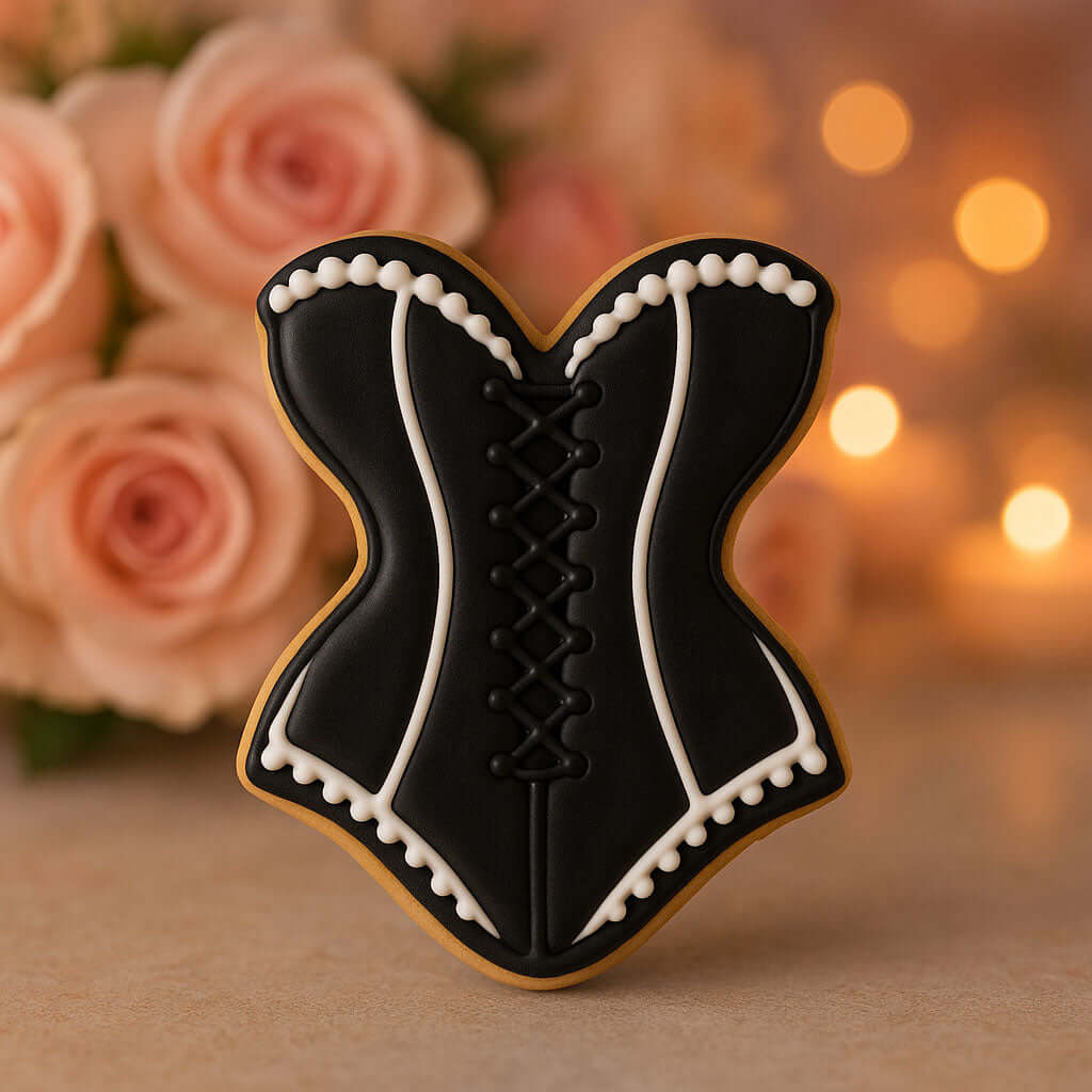 Decorative cookie shaped like a corset with pink roses in the background from a 4 inch Corset or Bathing Suit Metal Cookie Cutter