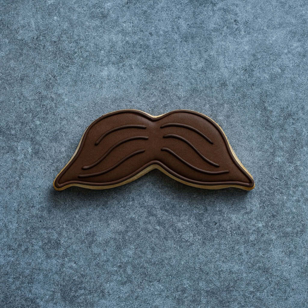 Brown mustache-shaped cookie on a gray textured background from a 5 inch Mustache Metal Cookie Cutter