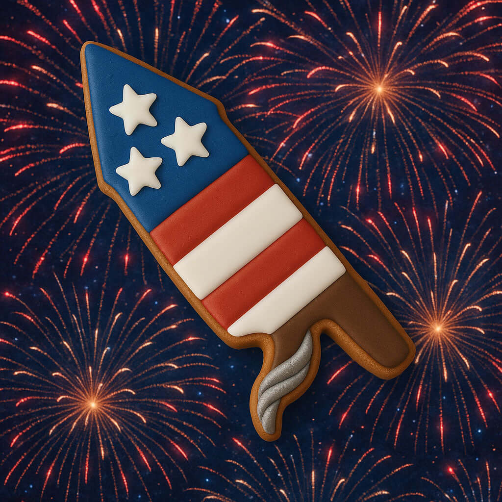 Cookie shaped like a bottle rocket with stars and stripes against a fireworks background from a 5 inch Bottle Rocket Fireworks Metal Cookie Cutter