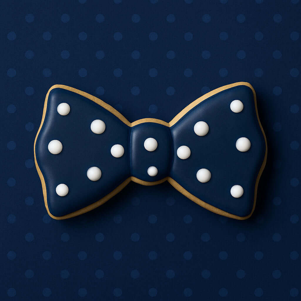 5 inch Bow Tie Metal Cookie Cutter shaped cookie decorated with white dots on dark blue background.