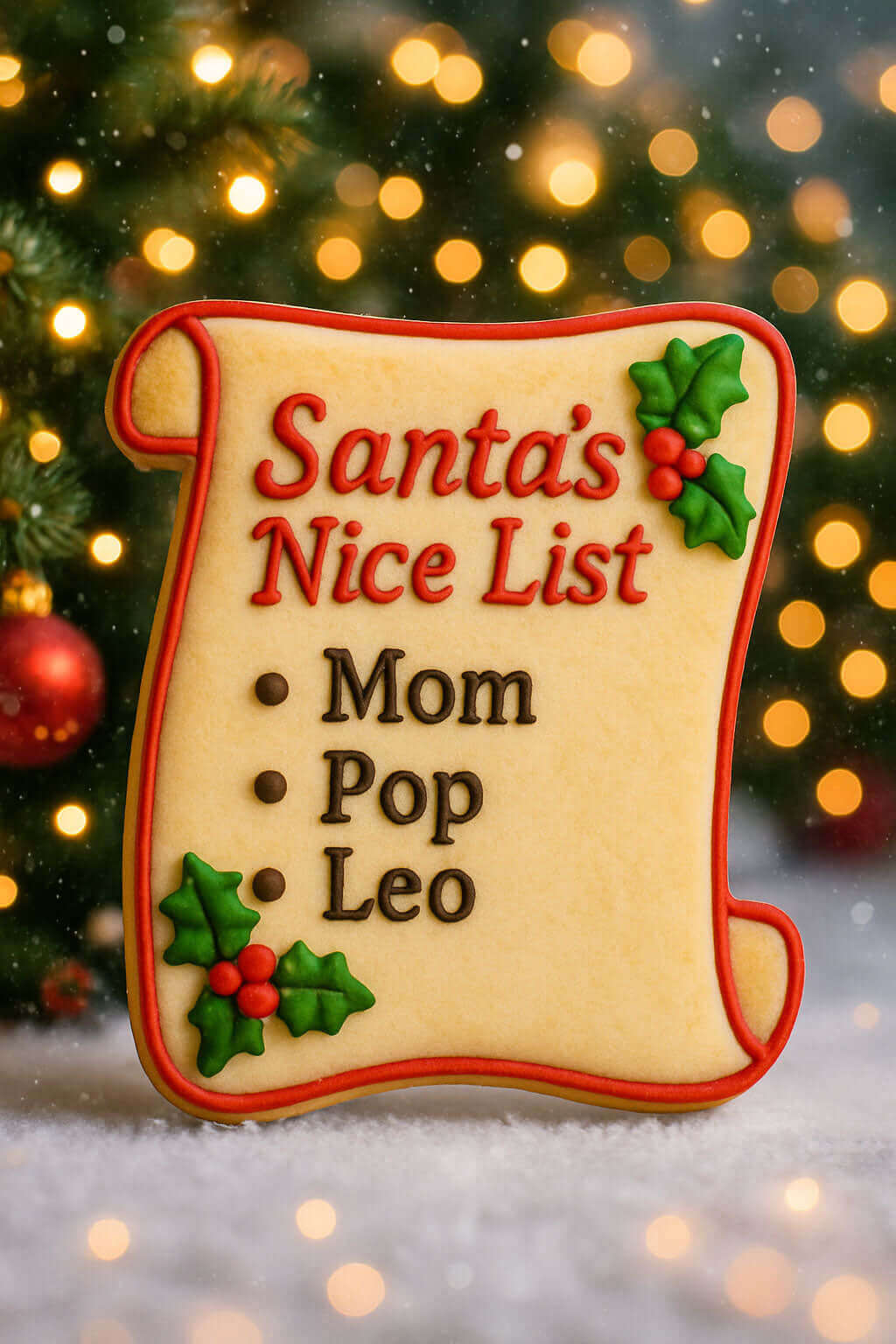 Decorative cookie shaped like a 'Santa's Nice List' with names on a festive background from a 2 inch Mini Naughty Nice Scroll Diploma Metal Cookie Cutter