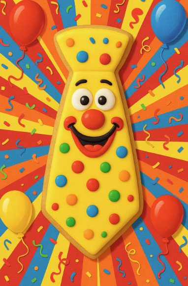 Colorful 5 inch Neck Tie Metal Cookie Cutter shaped cookie with a happy clown face and festive decorations.