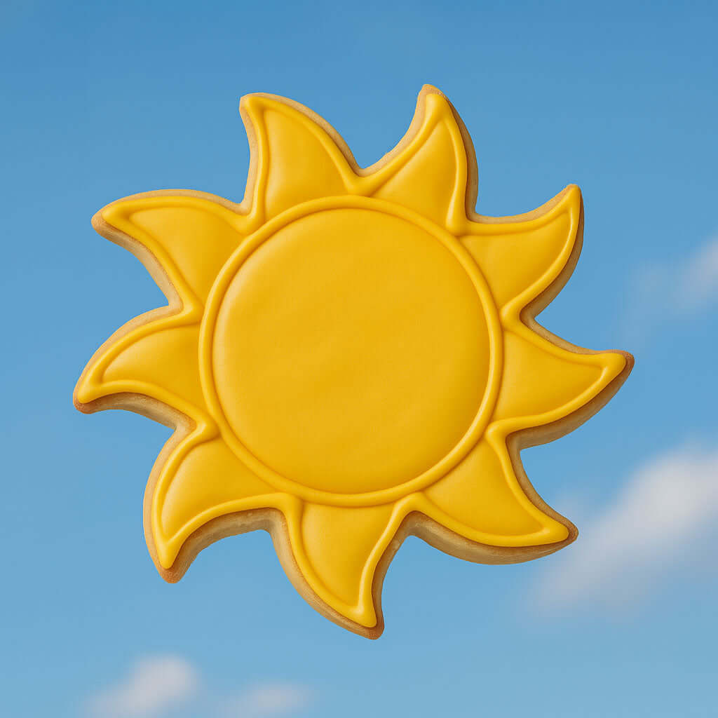 Yellow sun-shaped cookie against a blue sky from a 3.5 inch Sun Metal Cookie Cutter