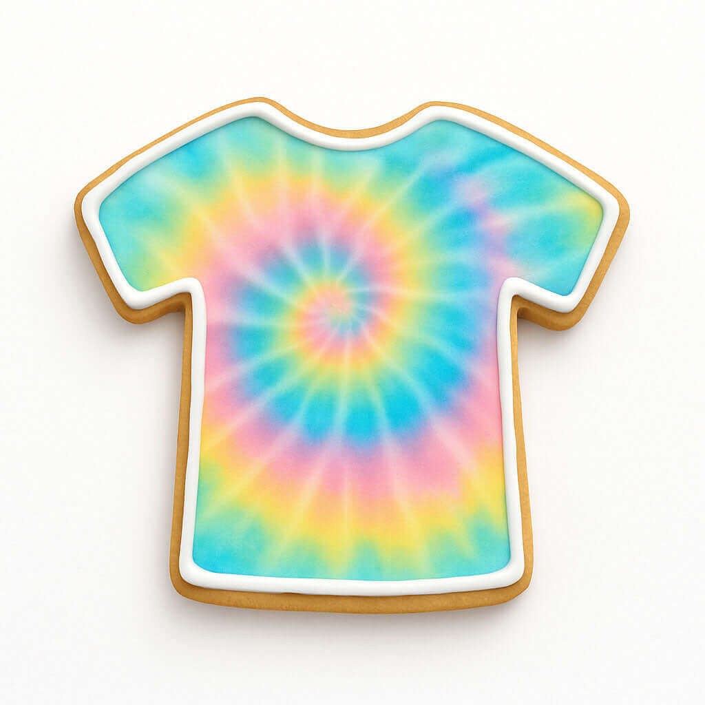 Cookie shaped like a t-shirt with tie-dye design on a white background from a 2 inch Mini T-Shirt Metal Cookie Cutter from a 4 inch T Shirt Metal Cookie Cutter