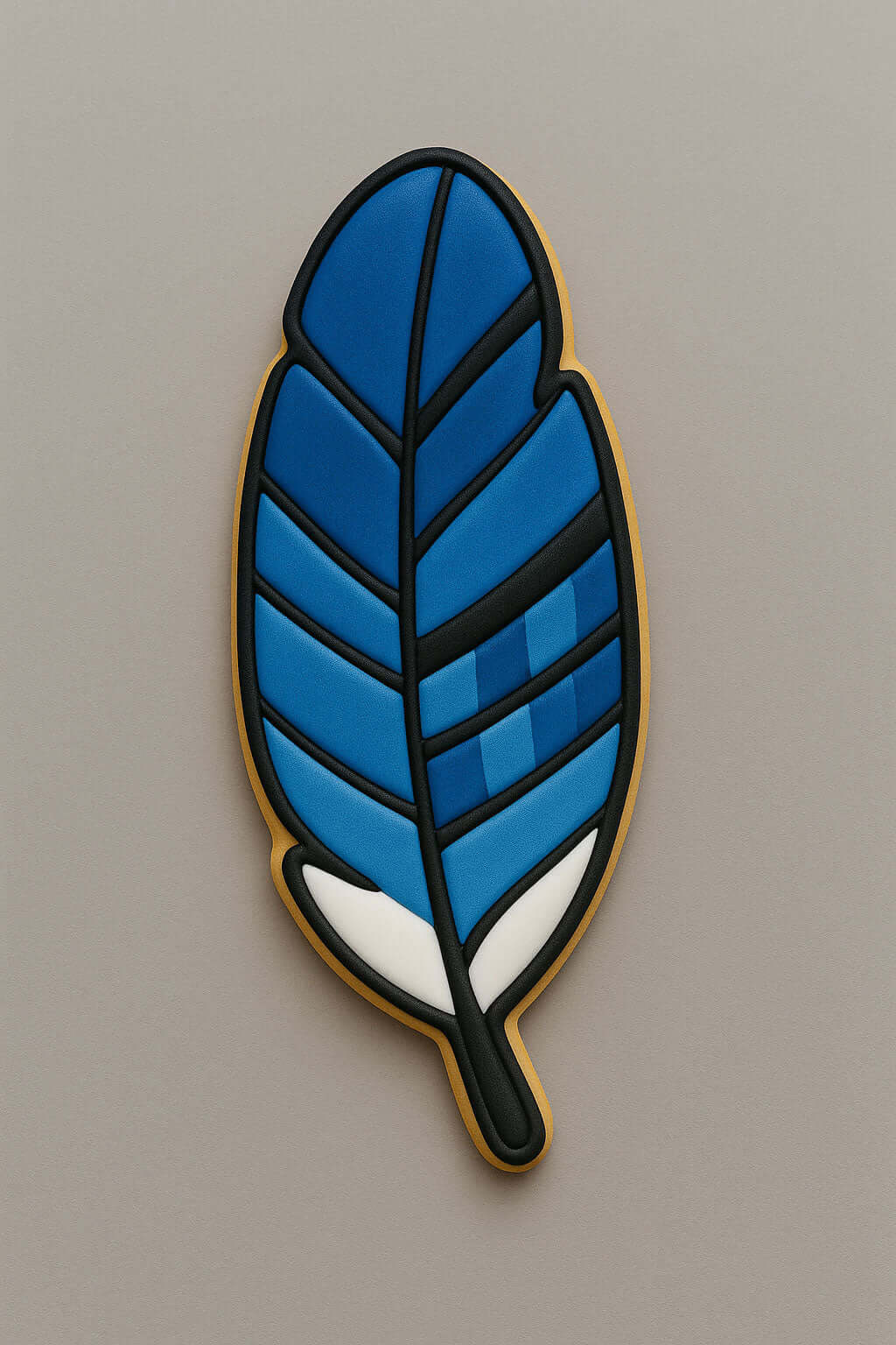 Blue feather-shaped cookie on a gray background from a 4 inch Feather Metal Cookie Cutter