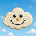 4 inch Cloud Metal Cookie Cutter shape cookie, smiling face, with a cloud design against a blue sky background.